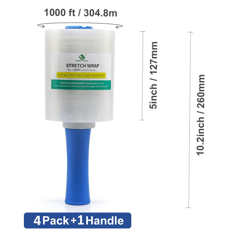 BOMEI PACK Mini Clear Industrial Stretch Wrap Film 5"" x 1000ft 4 Pack with Handle  80 Gauge Thick Cling Plastic Wrap for Moving  Pallet Wrap - Self Adhering Packaging Heavy Duty Shrink Film - Image 3